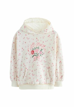 Hoodie in Cremefarbe mit pinkem Blumenmuster, Fronttasche, gewelltem Spitzenbesatz und einem Bouquett-Grafik mit kursivem Text auf der Brust.