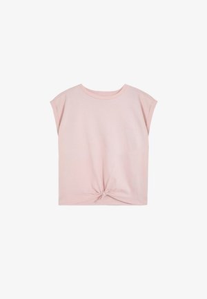 Camisa de manga corta de color rosa claro con escote redondo y un pequeño nudo anudado en el centro del dobladillo frontal.