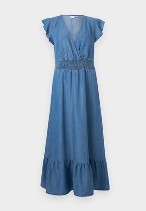 Rochie midi din denim albastru, cu mâneci scurte cu volănașe, bodice în formă de V cu înfășurare, talie cu șnur elastic și tiv în straturi.