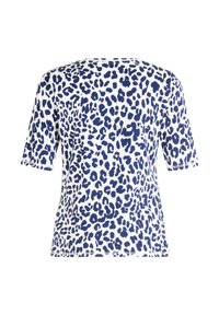 Leopardprint T-shirt i hvid og marineblå med korte ærmer, rund halsudskæring og en løs, afslappet pasform. Glat bomuldsstruktur.