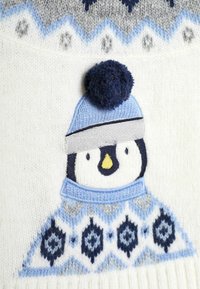 Kootud kampsun, millel on pingviini muster sinise mütsi ja pom-pomiga. Muster sisaldab helesiniseid ja tumesiniseid aktsente kreemival geel.