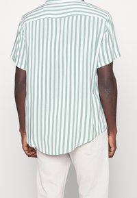 Korte mouwen shirt van lichtgroen en wit gestreept katoen. Heeft een afgeronde zoom en een rugstuk. Eenvoudig, contrasterend patroonontwerp.