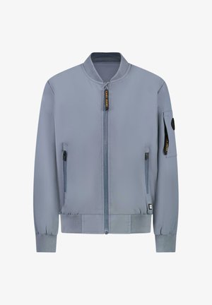 Light gray bomber jacket with a front zipper, ribbed collar and cuffs, two side zippered pockets, and a patch pocket on the sleeve.