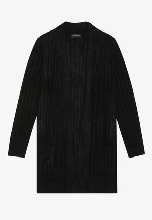 Black ribbed cardigan with an open front, long sleeves, and two front pockets. Made of soft fabric, featuring a textured finish.