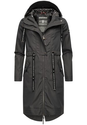 Long gray parka with a drawstring waist, zippered front, side pockets, and a hood. Interior features a patterned lining. Adjustable sleeve cuffs.