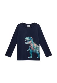 Dunkelblaues Langarmhemd mit einem bunten T-Rex-Dinosaurier, der eine blaue Sonnenbrille trägt, auf der Vorderseite bedruckt.