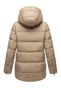 Beige puffer jacket with a hood, featuring quilted sections, long sleeves, zippered side pockets, and a brand logo at the bottom hem.