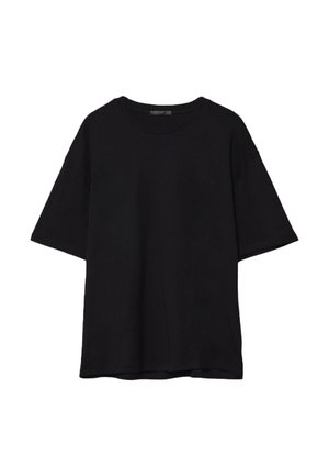 Schwarzes Baumwoll-T-Shirt mit lässiger Passform, kurzen Ärmeln, runder Ausschnitt und glatter Textur. Keine sichtbaren Muster oder Akzente.