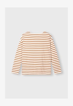 Bawełniana bluzka z długim rękawem w kolorze kremowym z brązowymi poziomymi paskami. Okrągły dekolt i luźny fason. Miękka, gładka tekstura.