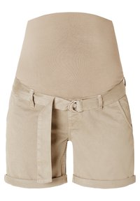 Pantaloni corti da maternità beige con una cintura aderente e stretch, orli arrotolati, passanti per cintura e tasche laterali. Tessuto morbido in misto cotone.