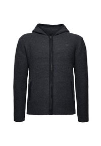Sudadera con cremallera de color gris oscuro con textura tejida, que cuenta con capucha, dos bolsillos frontales y un pequeño logo en el pecho.