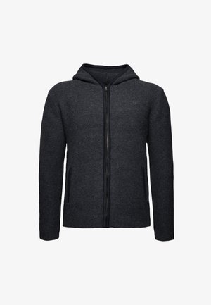 Tmavě šedá mikina na zip se tkanou texturou, s kapucí, dvěma předními kapsami a malým logem na hrudi.