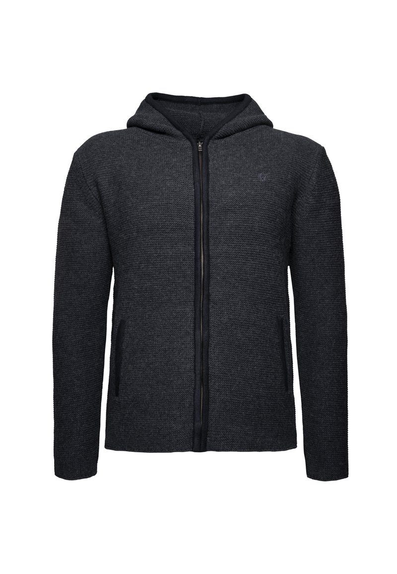 Sudadera con cremallera de color gris oscuro con textura tejida, que cuenta con capucha, dos bolsillos frontales y un pequeño logo en el pecho.