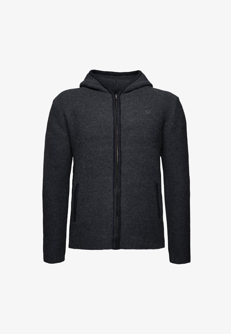 Sudadera con cremallera de color gris oscuro con textura tejida, que cuenta con capucha, dos bolsillos frontales y un pequeño logo en el pecho.