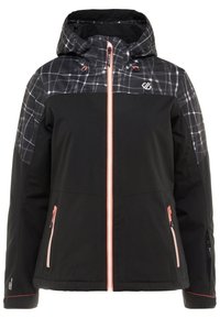 Schwarze Jacke mit Kapuze, die ein kariertes Design im oberen Abschnitt, orangefarbene Akzente, Seitentaschen und einen Frontreißverschluss aufweist.