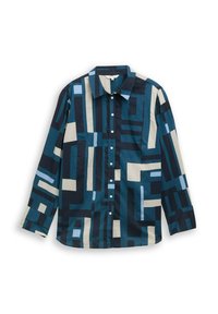 Langarmshirt in donkerblauw met abstracte geometrische patronen in lichtblauw, crème en zwart. Met een klassieke kraag en knoopsluiting.