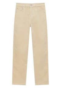 Jean beige à jambes droites avec poches avant et arrière, fermeture par bouton et passants de ceinture sur fond blanc.