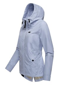 Light blue waterproof jacket with a removable hood, zip closure, and two front pockets. Features black accents and adjustable drawstrings.
