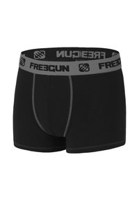 Boxer shorts en coton noir avec taille élastique grise affichant le logo "FREEGUN", des coutures contrastantes et une forme classique ajustée.