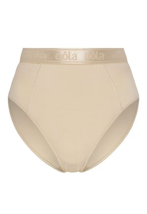 Beige alushousut, joissa on korkea vyötärö ja sileä pinta, varustettuna kontrastivärisellä vaaleanruskealla logolla varustetulla joustovyöllä.