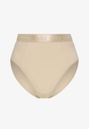 Beige alushousut, joissa on korkea vyötärö ja sileä pinta, varustettuna kontrastivärisellä vaaleanruskealla logolla varustetulla joustovyöllä.