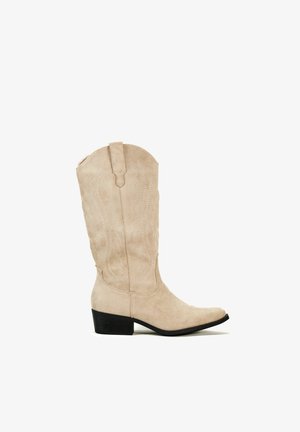 Botte de cowboy en suède beige avec un bout pointu, un talon bas empilé et une broderie décorative sur la tige. Texture lisse, design western classique.