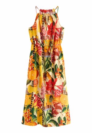 Ærmeløs midikjole med justerbare stropper, indsnøret talje og livligt tropisk print med blomster, appelsiner, bananer og grønne blade.