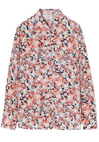 Blomstret langærmet skjorte med et flerfarvet mønster på en lys baggrund, med knaplukning foran og en klassisk kravedesign.