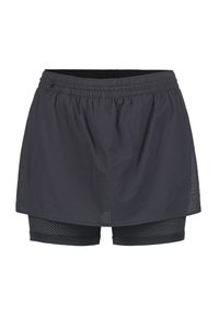 Skort deportivo negro con una capa exterior texturizada y pantalones cortos de malla interiores. Cintura elástica para mayor comodidad y facilidad de movimiento.