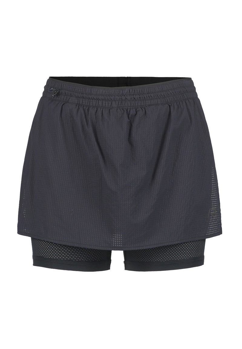 Skort deportivo negro con una capa exterior texturizada y pantalones cortos de malla interiores. Cintura elástica para mayor comodidad y facilidad de movimiento.
