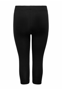Schwarze Capri-Leggings mit einer glatten Textur, anliegendem Schnitt und elastischem Bund. Keine Taschen oder sichtbaren Nähte auf der Rückseite.