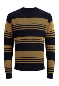 Stickad tröja med marinblå och gula horisontella ränder, rundad halsringning och ribbade muddars. Texturerad tyg med varierande randbredder.