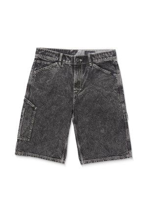 Black denim cargo shorts with a faded texture, five pockets, and a button closure. Features a side pocket and stitched accents.