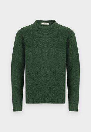 Pull en maille vert avec un col rond, des manches longues et un tissu texturé. Design simple, sans motifs ni accents visibles.