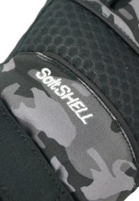 Softshell glove featuring a black and gray camouflage pattern and textured honeycomb fabric, with "SoftShell" embroidered in white.