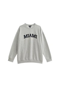 Felpa grigia con scollatura rotonda, maniche lunghe e "MIAMI" in lettere blu navy sul davanti. Tessuto morbido, vestibilità casual.