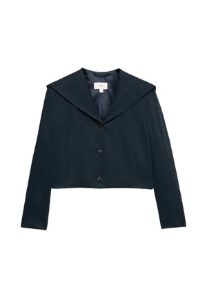 Marineblå kort jakke med bred krave og tre sorte knapper foran, lange ærmer og glat tekstur.