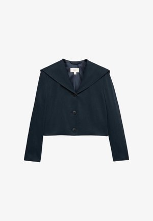 Marineblaue kurze Jacke mit weitem Kragen und drei schwarzen Knöpfen vorne, langen Ärmeln und glatter Textur.