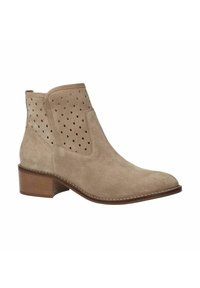 Beige mokkasine ankle boots, joissa on reikänahkaiset sivut, pyöreä kärki ja lyhyt pinojalka. Eri väriä oleva ommel kantapään kohdalla.