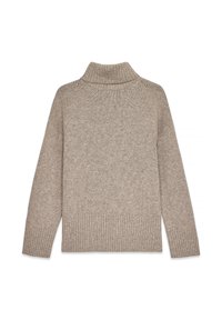 Beiger Rollkragenpullover aus weichem Strickmaterial, mit geripptem Saum und Bündchen, entspannter Passform und minimalistischen Details.