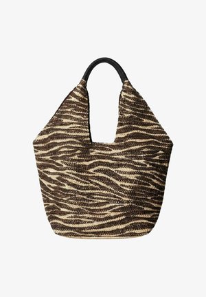 Borsa intrecciata a righe zebrature marrone e beige con manico arrotondato nero, forma trapezoidale e apertura superiore.