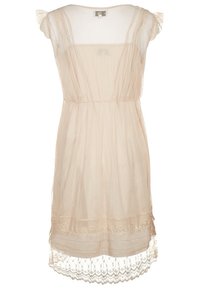 Ljusbeige klänning i genomskinligt material med korta ärmar, rynkad midja och spetskant. Enkelt, löst sittande design.