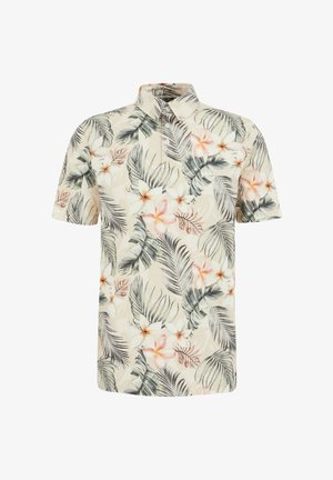 Košeľa s krátkym rukávom a golierom v svetlo béžovej farbe s kvetinovým vzorom, ktorý obsahuje ružové a biele kvety a zelené listy. Ľahký materiál.