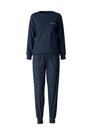 Marineblauwe longsleeve top met een borstzak en elastische manchetten, gecombineerd met bijpassende jogpants met een sterrenpatroon en een elastische tailleband.
