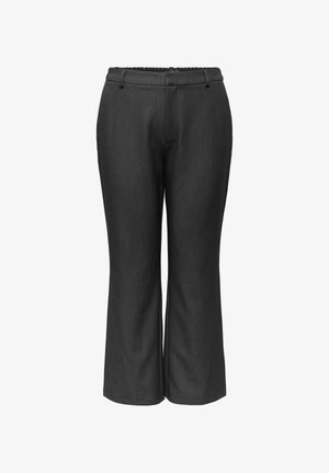 Pantaloni elasticizzati di colore grigio scuro, con vita elasticizzata, gambe larghe e una texture liscia. Nessuna tasca visibile o decorazioni.