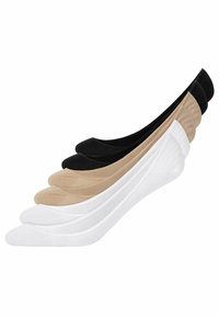 Cinq paires de chaussettes à couper basses en noir, beige et blanc. Fabriquées à partir d'un matériau doux et extensible avec une texture lisse et un design minimaliste.