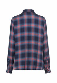 Navy blue plaid shirt featuring long sleeves, a collared neckline, and a buttoned cuff, with red and light blue grid patterns. Smooth texture.