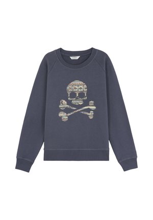 Sudadera azul marino con cuello redondo, que presenta un diseño de calavera y huesos cruzados en bordado multicolor en la parte frontal.