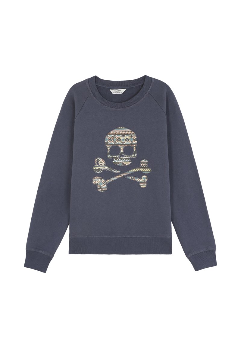 Marineblauwe sweatshirt met een ronde hals, voorzien van een gepatterniseerde doodskop en gekruiste botten in meerkleurige borduursel aan de voorkant.