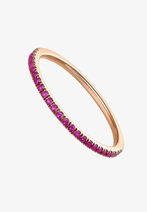 Anillo de bangle en oro rosa que presenta una fila de pequeñas gemas rosas redondas engastadas en un ajuste de garras a lo largo del borde exterior. Acabado suave y pulido.